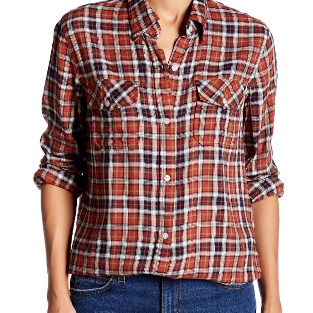 Current Elliott Perfect Button Down Shirt Meadow Plaid Lightweight Sz XS/0